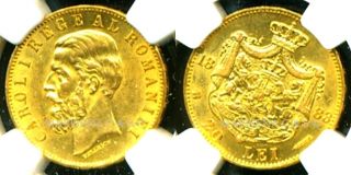 1883 B Romania Carol I Gold Coin 20 Lei Ngc Cert Au 58 Marvelous Royal Luster photo