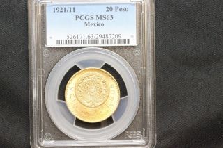 Pcgs Ms63 1921/11 Mexico 20 Pesos Gold Coin photo