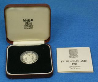 1987 Falkland Islands Silver Proof British 1 Pound Coin.  925 W/ & Case photo