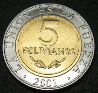 Bolivia 5 Bolivianos Coin 2001 Km 212 Bi Metallic Au photo