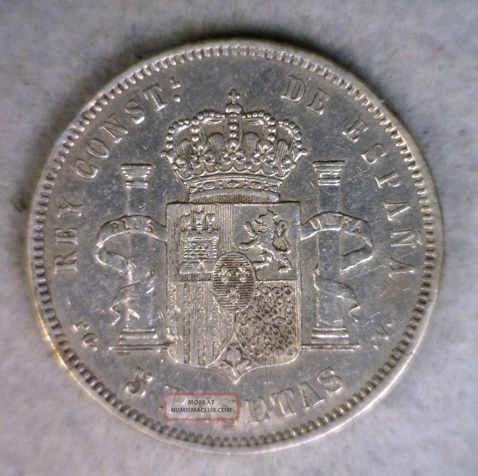 Spain 5 Pesetas 1894 Very Fine Silver Espana Coin