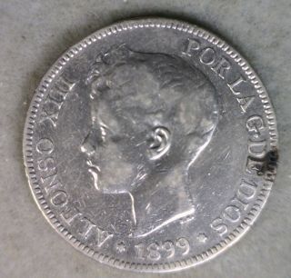 Spain 5 Pesetas 1899 Very Fine Silver Espana Coin photo