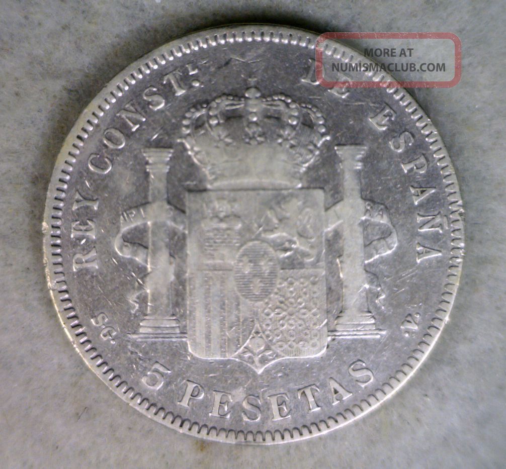 Spain 5 Pesetas 1899 Very Fine Silver Espana Coin