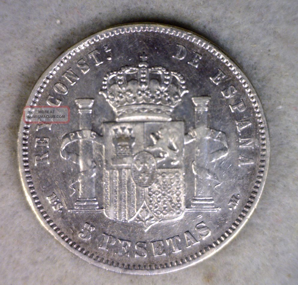 Spain 5 Pesetas 1885 Very Fine Silver Espana Coin