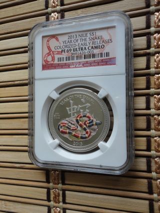 2013 S$1 Silver Proof Coin Year Of The Snake Colorized Ngc Pf 69 Niue Ucam Ag photo