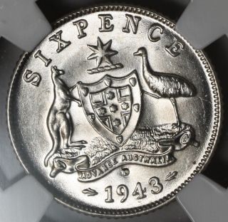 1943 - D Ngc Ms 63 Bu Australia Silver 6 Pence (king George Vi) Wwii Denver Coin photo