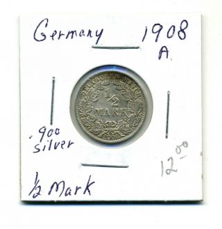 Germany 1/2 Mark 1908 - A, .  900 Silver,  Very Fine+ photo