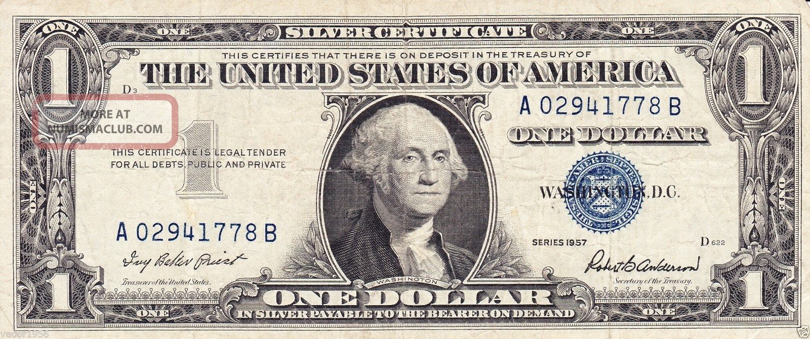 1957 Silver Certificate Blue Seal & Serial Numbers Serial A02941778b Small Size Notes photo