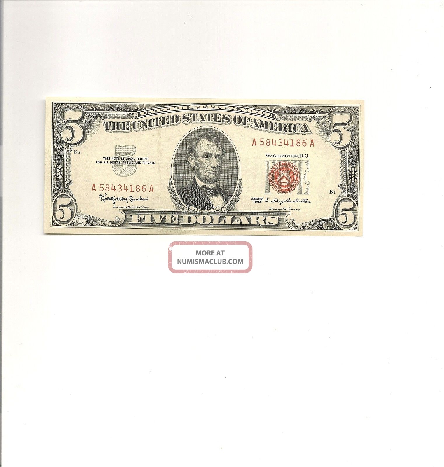 1963 $5 Red Seal Frn Note A58434186a Cu Unc