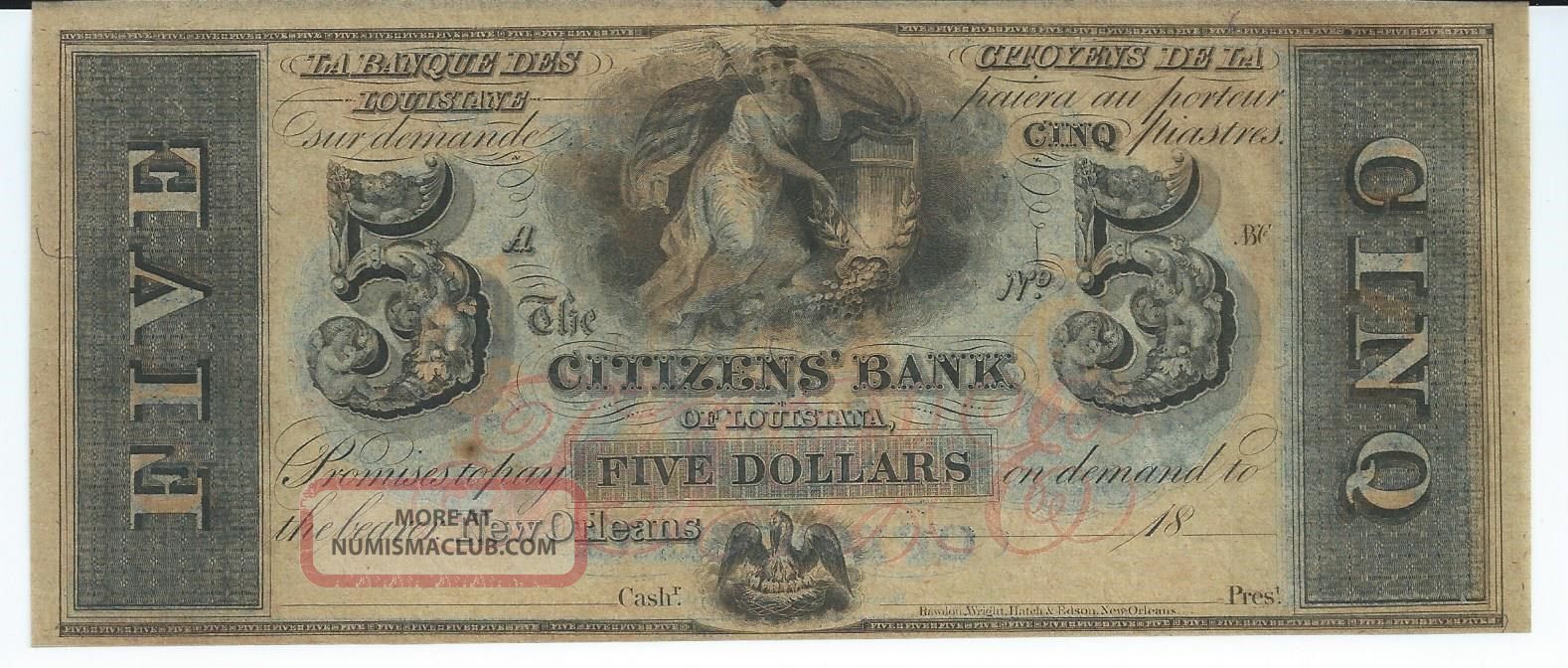 Louisiana Citizens Bank Orleans. Unissued $5 18xx Chcu G12c Platea