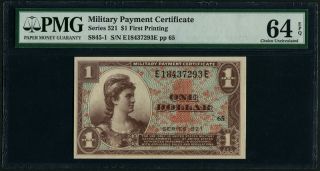 Mpc U.  S.  Military Payment Certificate Series 521 $1 First Printing Pmg 64 Epq photo