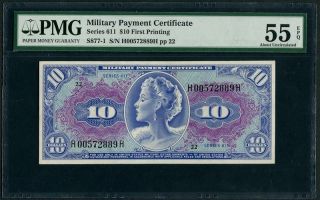 Mpc U.  S.  Military Payment Certificate Series 611 $10 First Printing Pmg 55 Epq photo