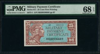 Mpc U.  S.  Military Payment Certificate Series 611 25 Cent First Printing Pmg 68 photo
