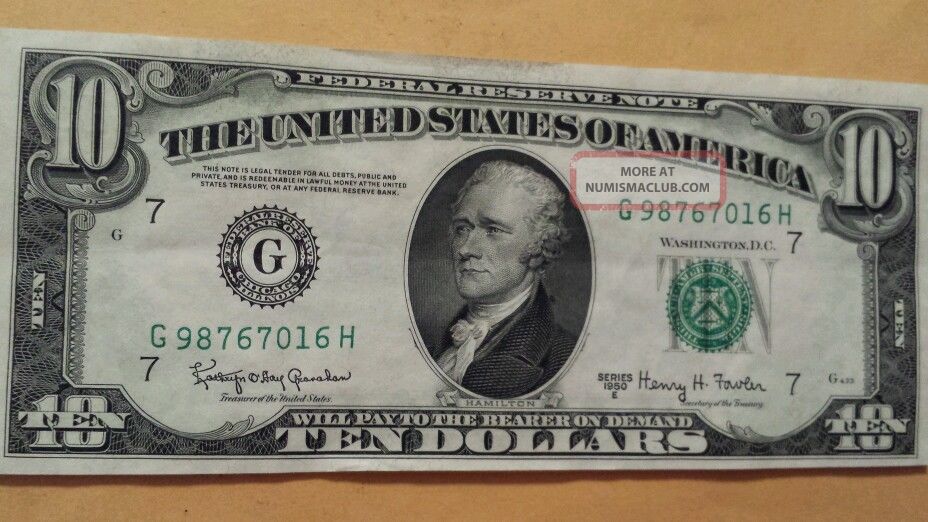 1 1950e $10 Federal Reserve Note Unc. . . .  16 (2 Of 2 Consecutives Listed) Small Size Notes photo