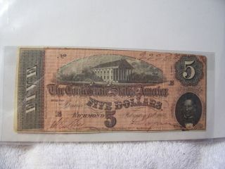 Authentic Obsolete Confederate $5 T69 563 Note Currency 1864 photo