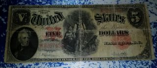 1907 Us Large Note 5 Dollars,  Wood Chopper,  Red Seal. photo