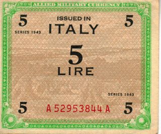 Italy 5 Lire 1943 Allied Military Payment World War Ii Unc.  Note photo