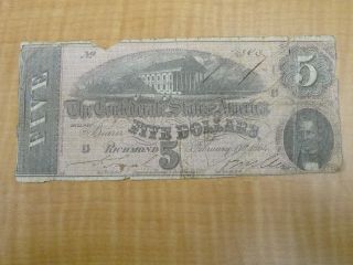 1864 $5 Dollars Treasury Va Richmond Confederate Bank Note Civil War Era 3606 photo
