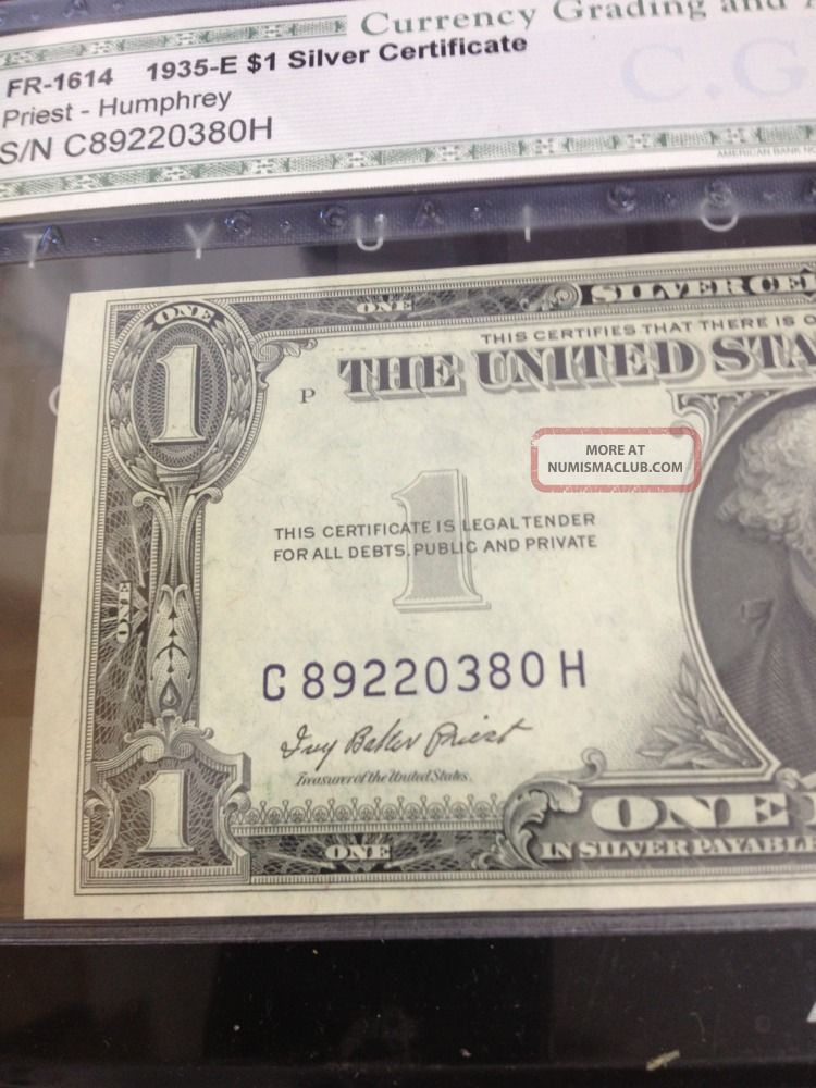 1935 E 1 Dollar Silver Certificate With Blue Seal Unc Note Graded By Cga 65