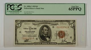 1929 $5 Five Dollar Frbn Philadelphia Note Pcgs Gem 65 Ppq Fr.  1850 - C photo
