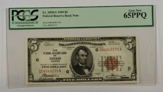 1929 $5 Five Dollar Frbn Chicago Note Pcgs Gem 65 Ppq Fr.  1850 - G photo