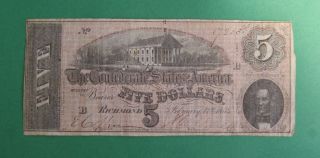 1864 $5 Dollar Bill Confederate States Of America Note photo
