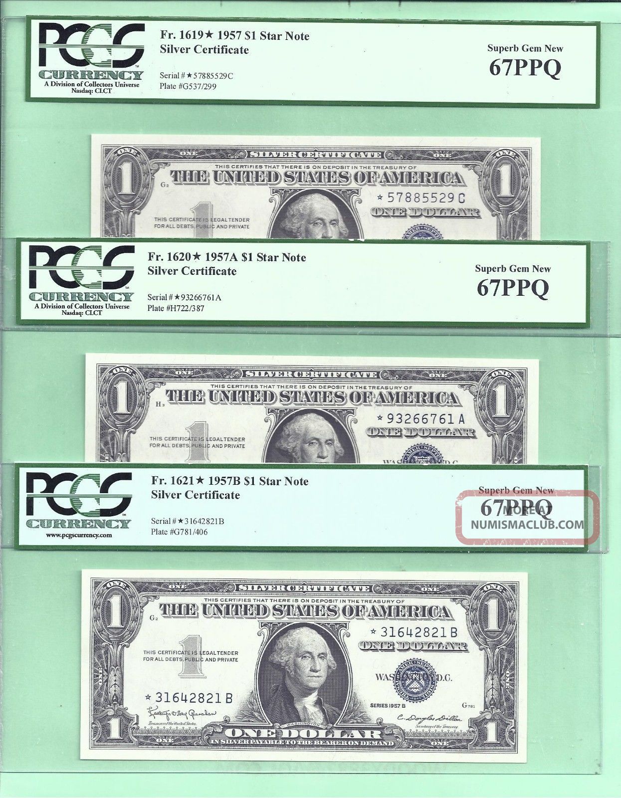 1957 1957 A 1957 B 3 $1 Silver Certificates Gem Stars Series Pcgs 67