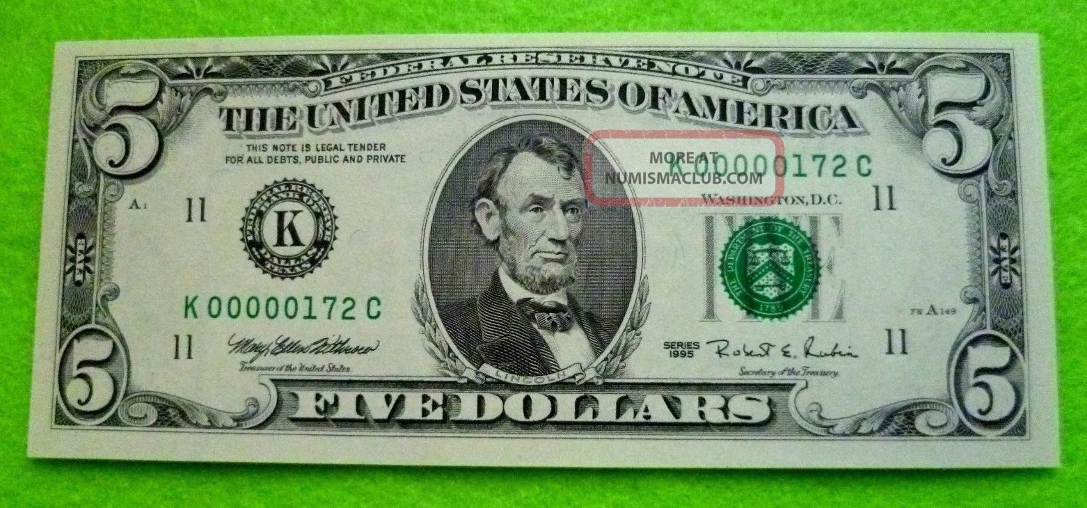 1995 Uncirculated Federal Reserve Five Dollar Note 