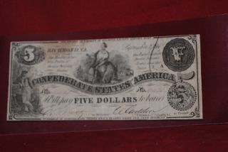 Confederate Currency - - 5.  00 Sept.  1861,  Numbered,  Signed And Cut Cancelled photo