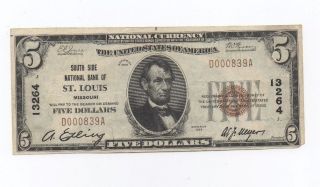1929 Series $5 National Currency Note.  South Side Bank,  St Louis.  Low Serial. photo