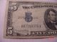 1934 D Series 5 Dollar Bill Silver Certificate Note.  Money Offset Cut Small Size Notes photo 3