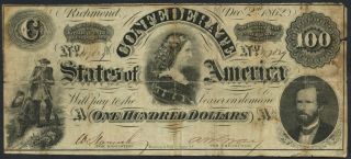 1862 $100 T - 49 Csa Note,  Scarcer Issue From The Civil War photo
