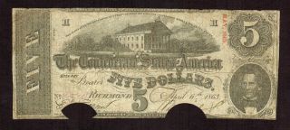 $5 1863 The Confederate States Of America Richmond More Currency 4 Vh photo