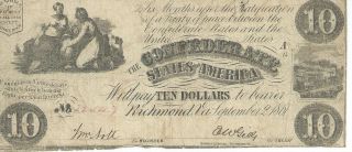 Csa 1861 Confederate Currency T28 $10 Bank Note Vf Cr236 Plate A14 22547 photo