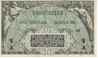 Mpc Series 481 Military Payment Certificate $1 Chxf 1951 Currency 153d photo