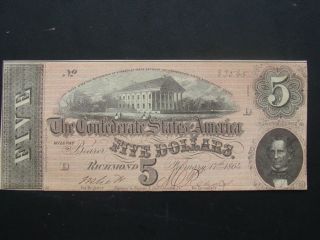1864 Csa T - 69 Richmond Va.  Confederate $5 Dollar Note Cu photo