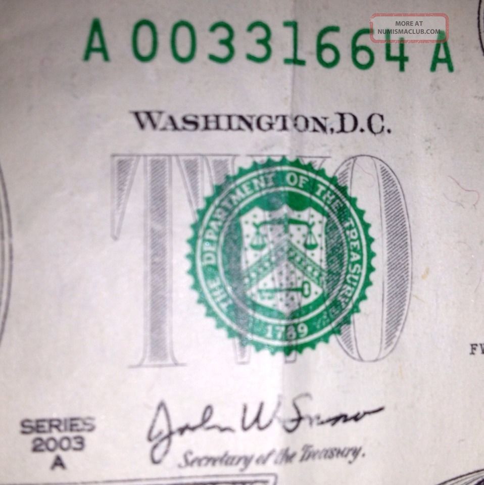 2003a (boston) Series Two Dollar $2 Bill Low Serial Number A00331664a ...