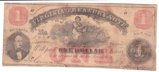 Confederate $1 Bill 1862 Virginia Treasury Note photo