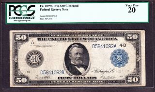 Us 1914 $50 Frn Cleveland District Fr 1039b Pcgs 20 Vf (- 092) photo