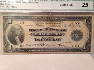1918 Large Size $1 One Dollar Federal Reserve Bank Note From Philadelphia Cga 25 photo
