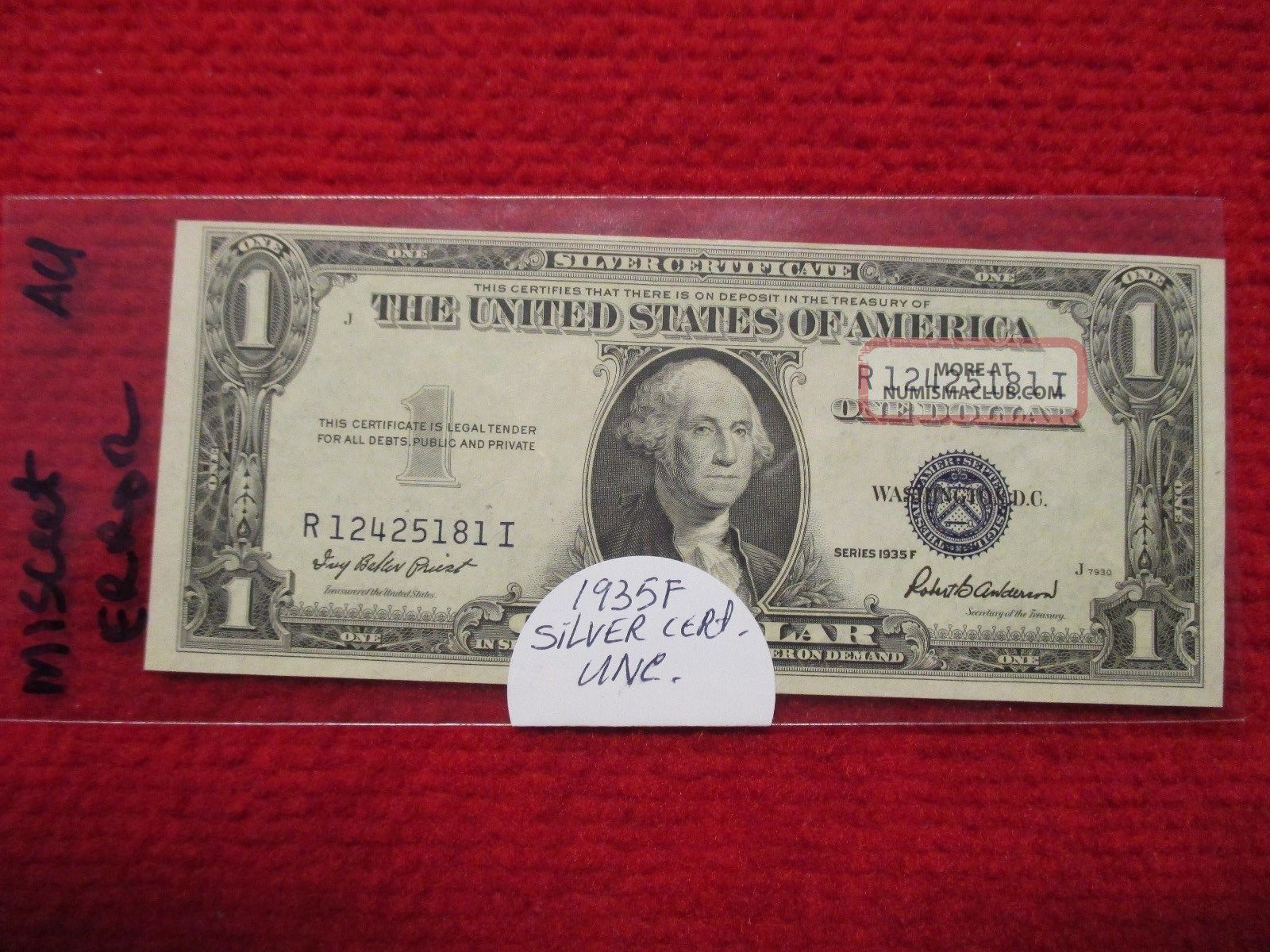 $1 1935 F Silver Certificate Unc Error Estate Find (l) More Bills 4 Small Size Notes photo