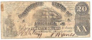 $20 Dollar Confederate Note September 2nd 1861 Fr.  Cs - 2 Vg - Vf Us Currency photo