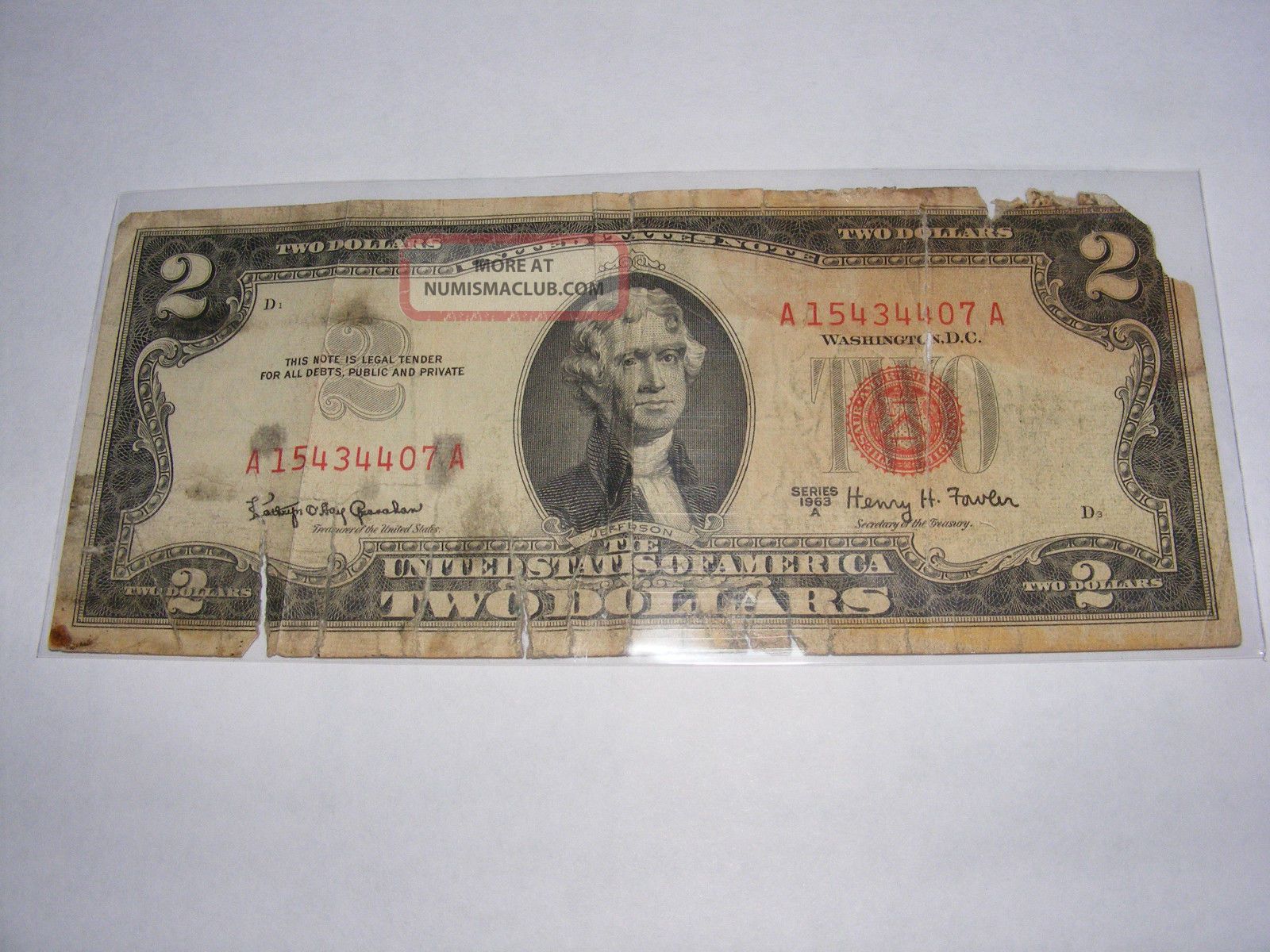 1963 - A $2 United States Note A 15434407 A Red Seal Small Size Notes photo