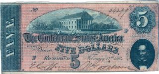 Confederate States Of America Csa Five (5) Dollars February 17th 1864 Richmond photo