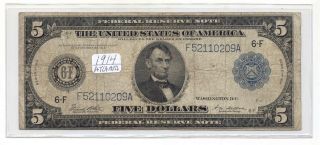 1914 $5 Fr - 867 Atlanta Georgia Large United States Federal Reserve Bank Note photo