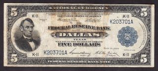Us 1918 $5 Frbn Dallas District Fr807 Vf Scarce (- 701) photo