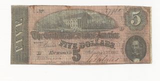 T - 69 1864 Circulated Five Dollars Confederate Currency photo