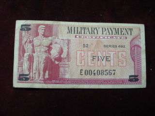 Military Payment Certificate 5 Cents Series 692,  Replacement Note Very Fine photo