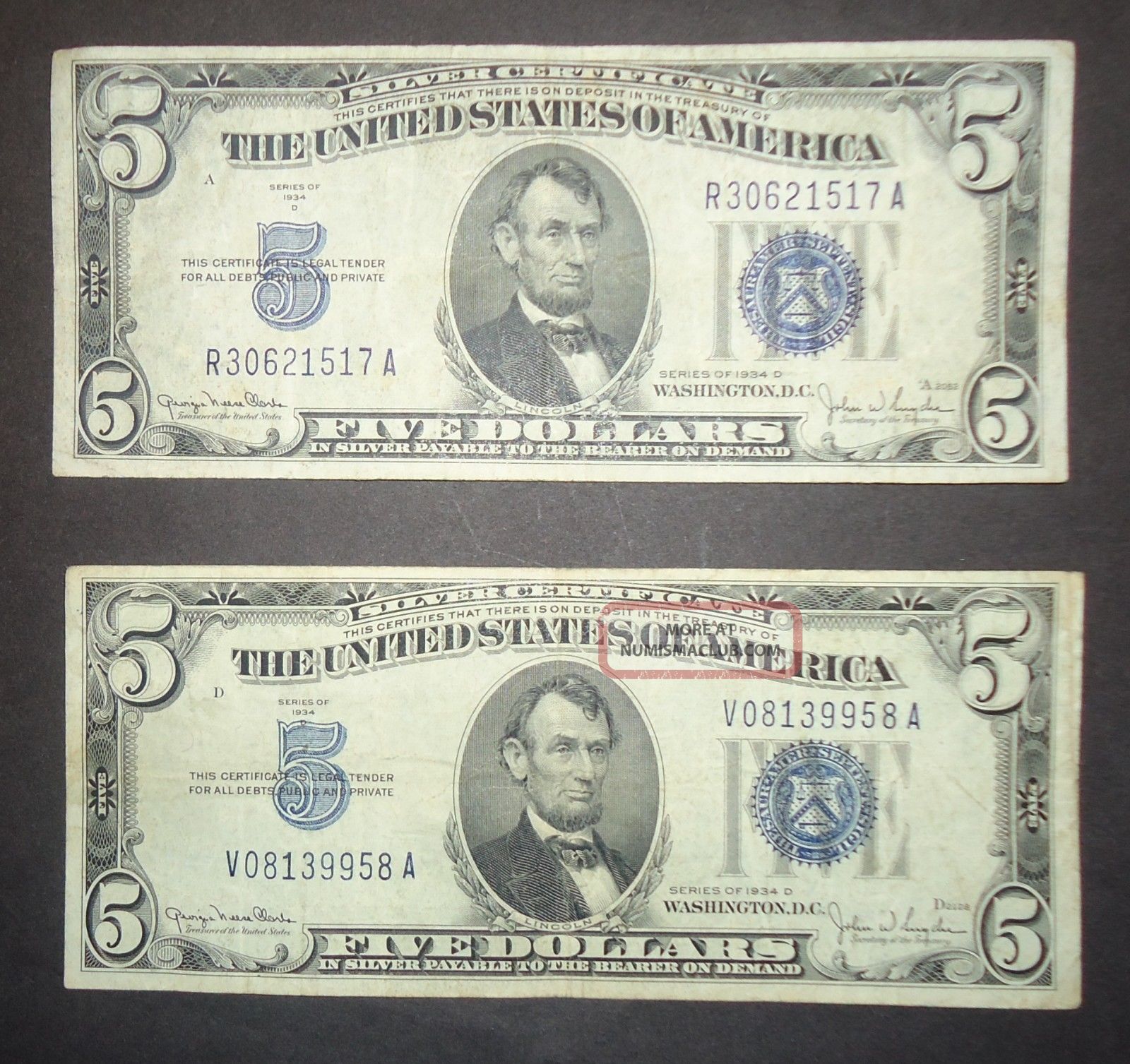 Two 1934 D $5 silver Certificate circulated fine (see Scans)