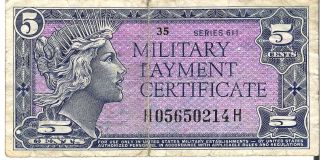 1964 - 69 5c Five Cents Military Payment Certificate Mpc Series 611 Rare photo